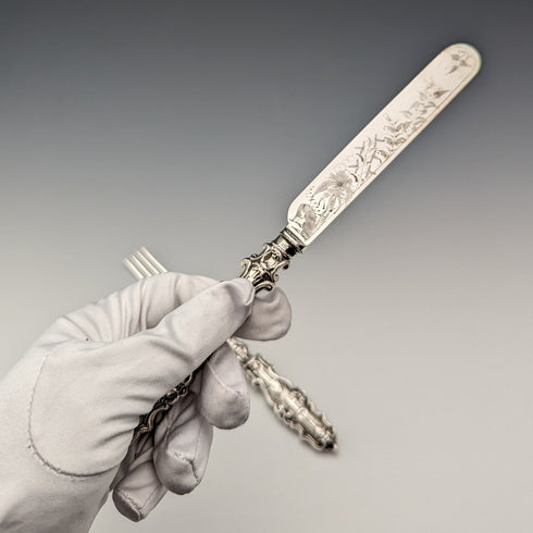 約 1860 年英國古董純銀手柄甜點餐具一對